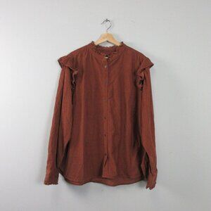 Gap Women Corduroy Top XXL Brown Button Front Ruffle Cotton Western Cowgirl 316